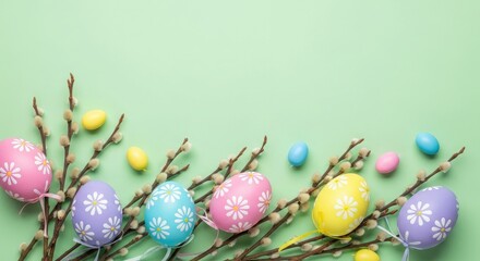 Colorful Easter eggs arranged on branches with a pastel green background. The eggs are decorated with floral patterns in pink, blue, yellow, and purple.