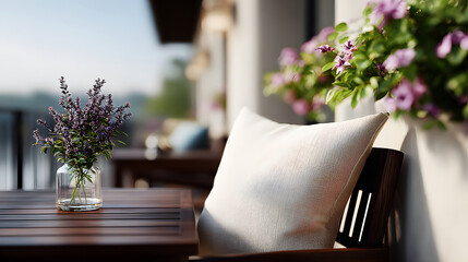 Fototapeta premium Cozy outdoor balcony with wooden table lavender flowers and cushion on chair