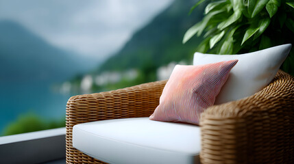 Fototapeta premium Wicker armchair with white cushion and red striped pillow on balcony