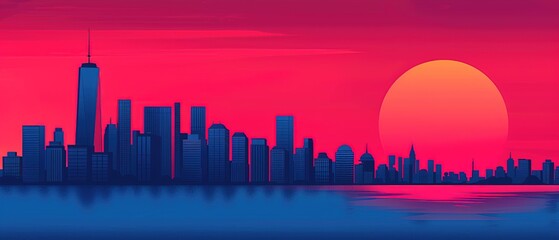 Fototapeta premium Stylized city skyline with skyscrapers silhouetted against bold pink and red sunset, reflecting urban growth, architecture, and metropolitan lifestyle.