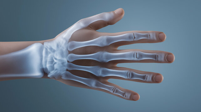 Human hand showcasing the skeletal structure and intricate bone anatomy, representing medical imaging, health, orthopedic concepts, and the complexity of limb joints
