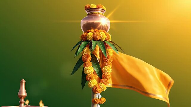 Vibrant Gudi Padwa Celebration Background featuring a Decorated Flag, Green-Gold Gradient, and Gentle Morning Sunlight