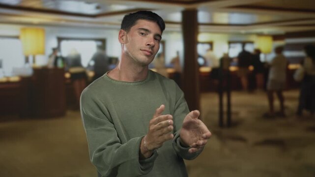 Man in green sweater clapping hands at a hotel reception desk inside a building under soft overhead lights; approval.