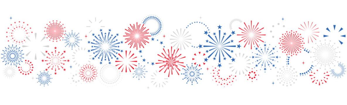 4th of July border, USA banner, fireworks pattern background