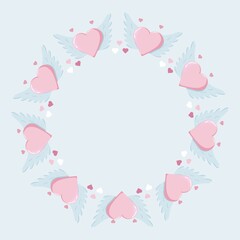Circular wreath of pink winged hearts with scattered small hearts on pastel blue background, featuring placeholder text in center