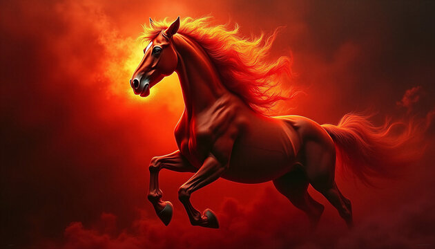 Postcard. The symbol of the New Year 2026 is a red fire horse, its mane blazing like flames, and its gaze full of power and mystery. The fiery hues of the background emphasize the energy and dynamism