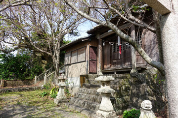 Small wooden shrine with stone lanterns along Shikoku Henro pilgrimage trail in rural Japan