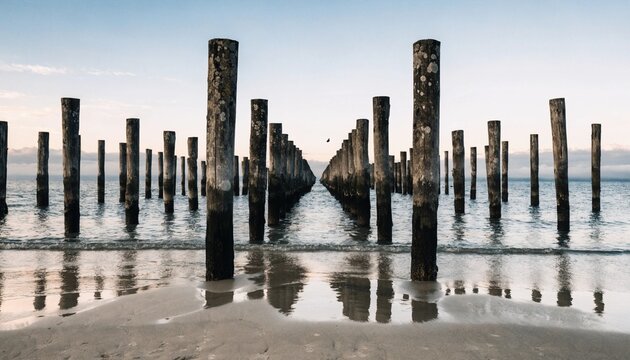 Wooden pilings stretch into the water creating a symmetrical reflection