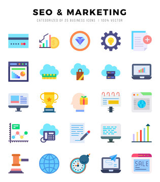 Vector SEO & MARKETING types icon set in Flat style. vector illustration.
