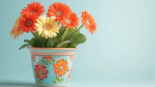 Colorful Gerbera Daisies in a Decoratively Painted Ceramic Pot on a Soft Blue Background