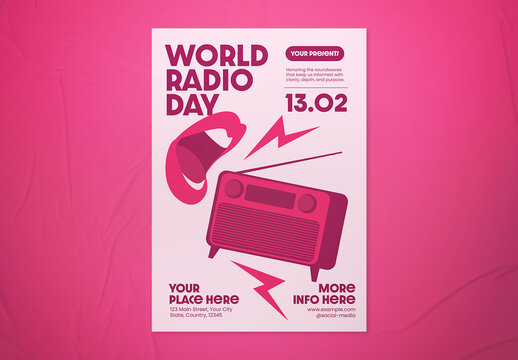 Magenta & Pink Retro World Radio Day Flyer