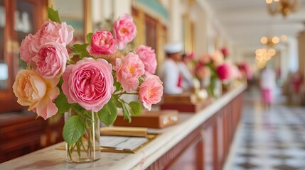 Fototapeta premium A row of vases with flowers on a counter