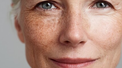 Obraz premium Woman's face showing skin damaged by sun exposure, aging, wrinkles, and hyperpigmentation on one side, with a healthy, rejuvenated skin appearance on the other for comparison