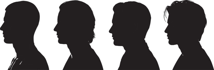 Set of male head profile silhouettes, different hairstyle variations, side view portrait collection isolated vector illustration