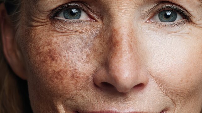 Woman's face showing skin aging impact with comparison from sun damage, melasma, hyperpigmentation, wrinkles, and freckles on one side to clearer skin