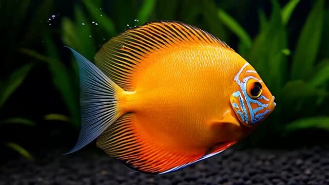 Vibrant orange fish with blue accents swimming in aquarium