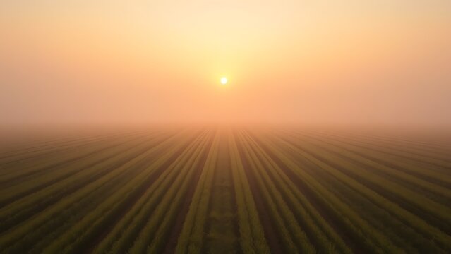 sedition. Early morning farmland with straight furrows under misty golden light. travel magazines, destination branding, designed for travel destination branding, used by ngo communicators.