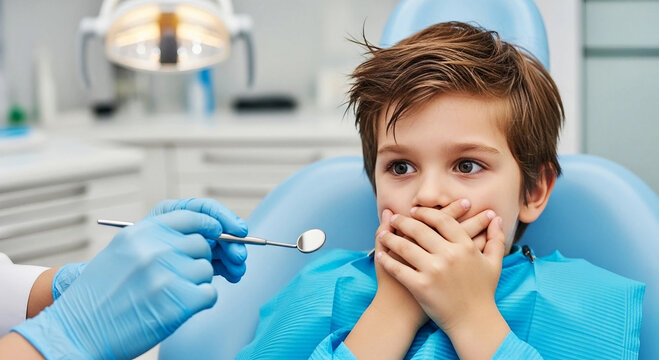 Scared young boy covering mouth with hands in dentist chair with mirror child fear