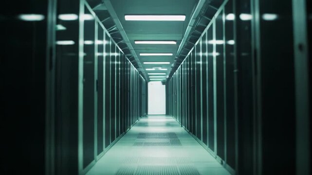 Data center corridor with rows of server racks and ceiling lights, highlighting it infrastructure, networking, storage and secure high performance computing environment for modern operations
