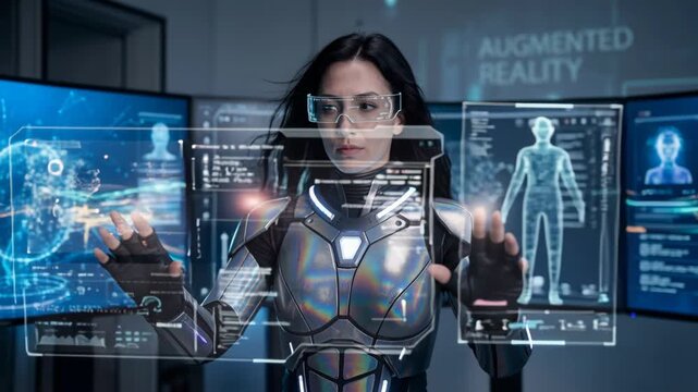 Futuristic woman metallic suit interacting with hologram interface technology augmented reality control room showcasing biometric and global data