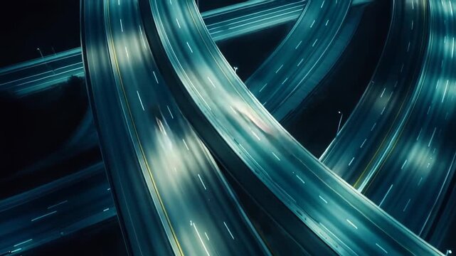 Intersecting highway ramps illustrate urban infrastructure and transportation, with streaks of light from vehicles flowing along the illuminated roads at night
