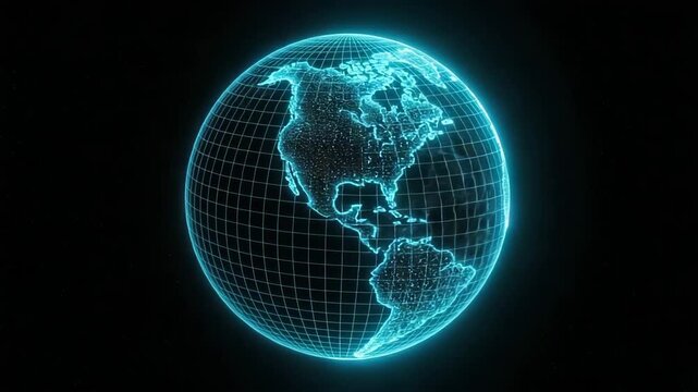 3D globe illustration with glowing blue grid on black background  