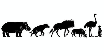 Fototapeta premium Black and white silhouette illustration of a collection of African savanna wildlife including a hippopotamus hyena wildebeest warthog ostrich and meerkat