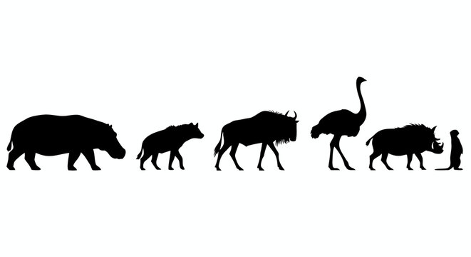 Black and white silhouette illustration of African savanna wildlife including a hippopotamus hyena wildebeest ostrich warthog and meerkat