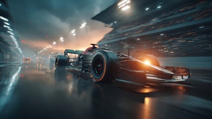 Obraz premium A sleek Formula 1 car races on a wet circuit under dramatic evening lights, creating sparks and reflections on the shiny surface.