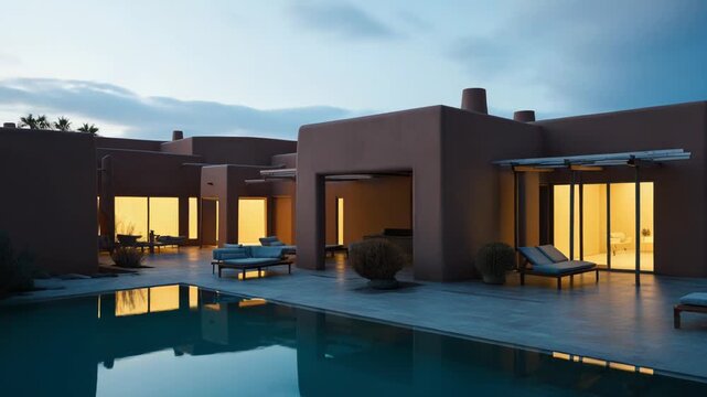 Modern adobe architecture forming a luxury desert resort with a tranquil swimming pool surrounded by comfortable sun loungers, creating a clean, minimalistic, and inviting oasis