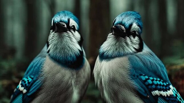 Blue Jay Pair Facing Each Other in Forest Wildlife Portrait