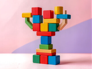 Obraz premium Vibrant trophy cup constructed from primary-colored wooden blocks. Concept of winning, children's intelligence development. Set against a bold pink and purple geometric background.