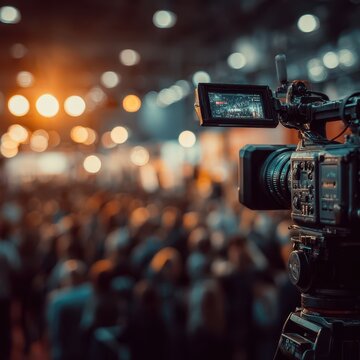 Video camera recording crowd at event, media coverage, news broadcast.