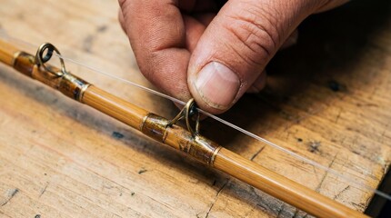 Top Down Macro of Fingers Threading Clear Monofilament Fishing Line Through Small Metal Eyelets on a Fishing Rod