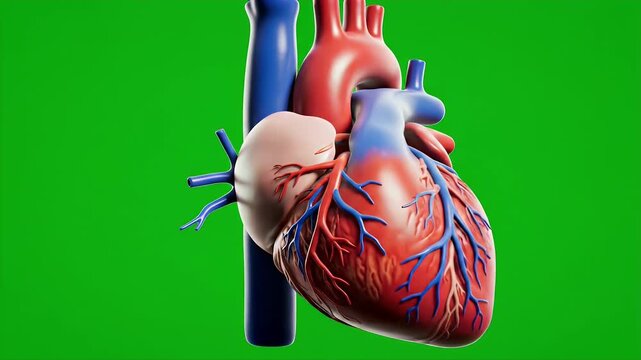 Human Heart Anatomy Visualization - This video shows a detailed anatomical view of a human heart model against a green screen background.