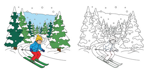 Fototapeta premium Cartoon boy skiing in snowy forest vector illustration with coloring page outline. Winter sports activity sheet for kids with color guide and black and white line art.