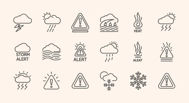 A collection of weather warning icons featuring storm, alert, rain, snow, and fire symbols