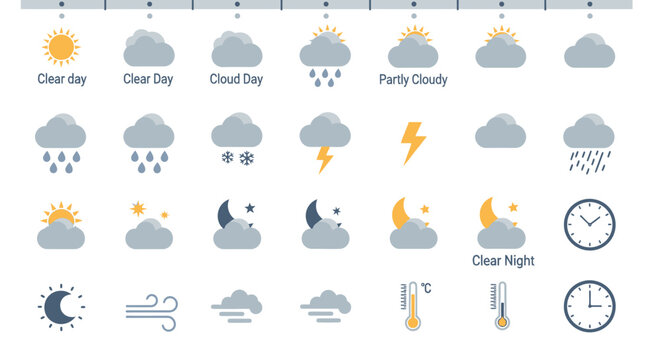 Collection of weather icons representing various conditions such as sunny, cloudy, rainy, and stormy weather on a clean white background via RJ ImageFX Auto