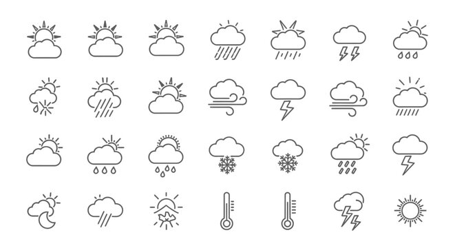 Collection of weather icons representing various weather conditions and symbols in a minimalist style, similar to imagefx_fm2jvn_via_RJ_ImageFX_Auto.eps
