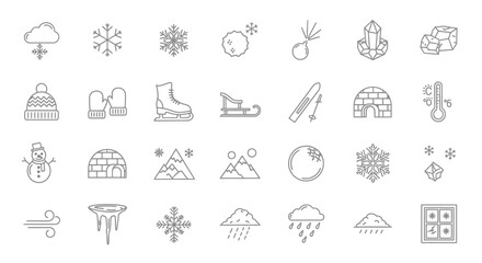 Fototapeta premium Collection of weather and seasonal icons, including snowflakes, clouds, and clothing, in a simple line art style, imagefx_27a5gw_via_RJ_ImageFX_Auto.eps