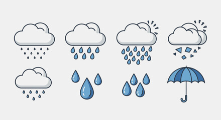 Weather Forecast Illustrations Featuring Clouds, Rain, Storms, Umbrella, and Droplets via ImageFX Auto