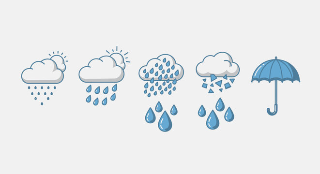 Weather Icons Featuring Clouds and Rain with Umbrella Illustration