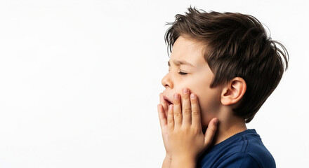 Young boy with dark hair touching his face in surprise or pain child hands