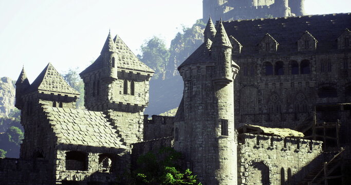 Sunlit stone castle towers overlooking valley, ancient keep with crenellated ramparts, textured masonry and moss patches, deep shadows and warm highlights,