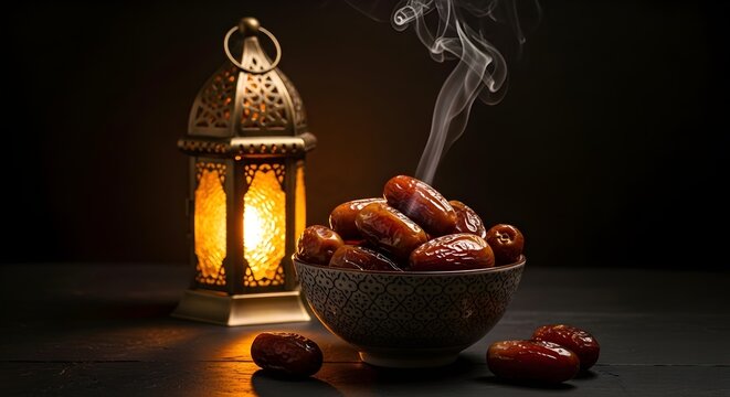 Dark Moody Ramadan Iftar Scene with Dates, Lantern and Atmospheric Smoke