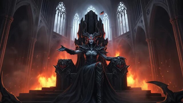 Demonic Queen on Throne in Fiery Castle Hall