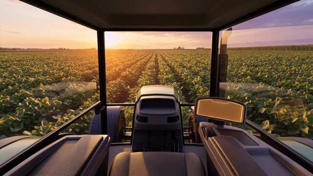 Autonomous agriculture tractor cabin sunrise over soybean field showing rows of crops cab interior warm light driverless technology modern farming