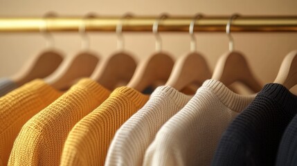 A row of clothes hanging on a clothesline, with the top left shirt being yellow. The clothes are neatly hung and arranged in a row