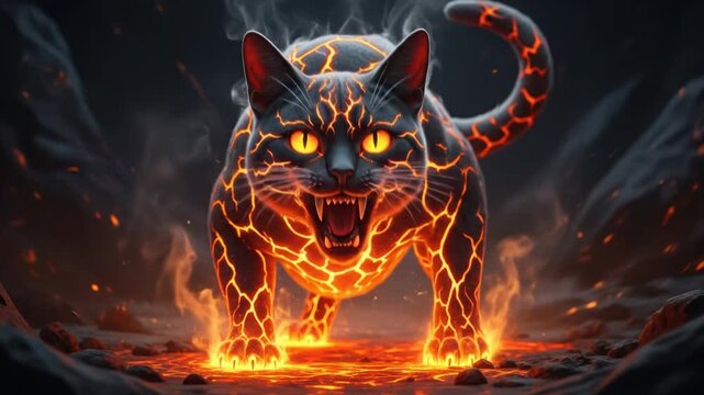 Fiery Cat Creature with Glowing Lava Cracked Skin and Fierce Eyes
