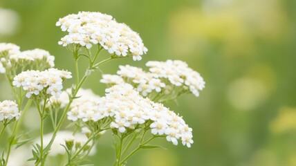 Delicate Clusters of White Yarrow Blooms on a Soft Green Background in Natural Setting